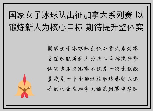 国家女子冰球队出征加拿大系列赛 以锻炼新人为核心目标 期待提升整体实力