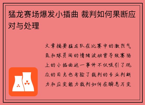 猛龙赛场爆发小插曲 裁判如何果断应对与处理