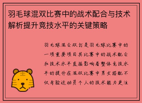 羽毛球混双比赛中的战术配合与技术解析提升竞技水平的关键策略